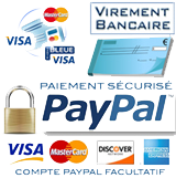 Paiemtns sécurisé par CB, Visa, MasterCard, Chèque, Virement bancaire, Paypal